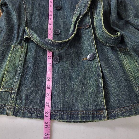 Mudd Jeans Vintage 2000s Womens Large Denim Jacket Blue Belted Waist Patches - Picture 8 of 8